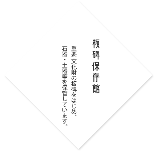 板碑保存館　重要文化財の板碑をはじめ、石器・土器等を保管しています。